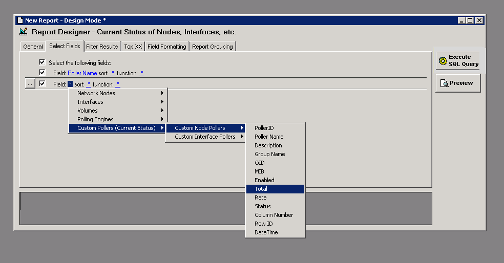 Create an NPM report to return the node name and serial number from the