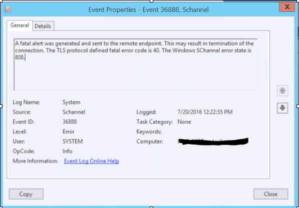 A fatal alert was generated and sent to the remote endpoint. This